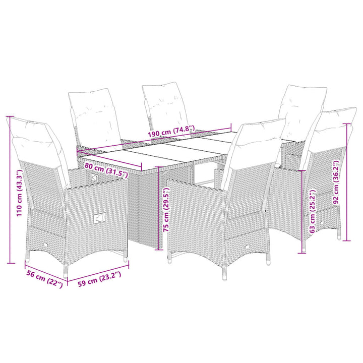 7-delige Bistroset met kussens poly rattan grijs