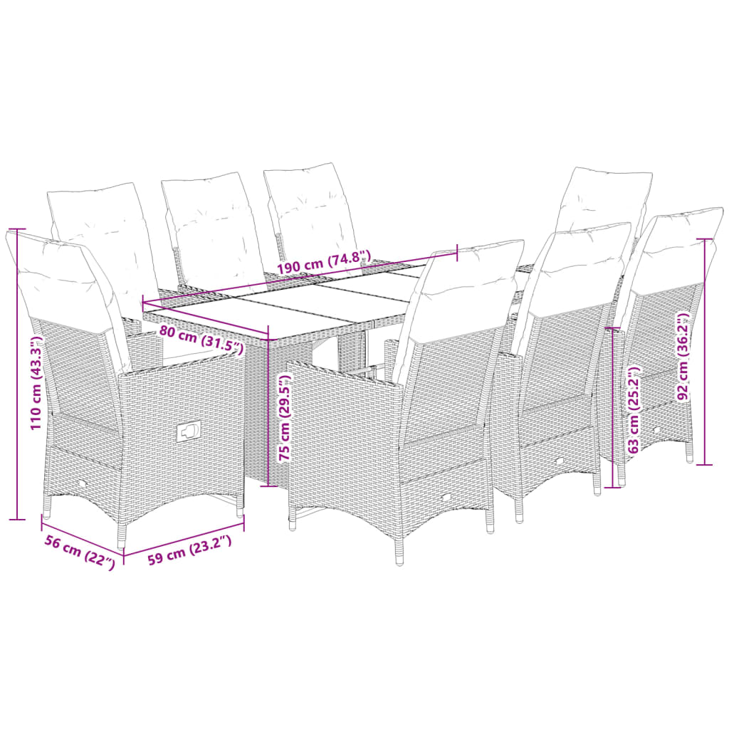 9-delige Bistroset met kussens poly rattan grijs