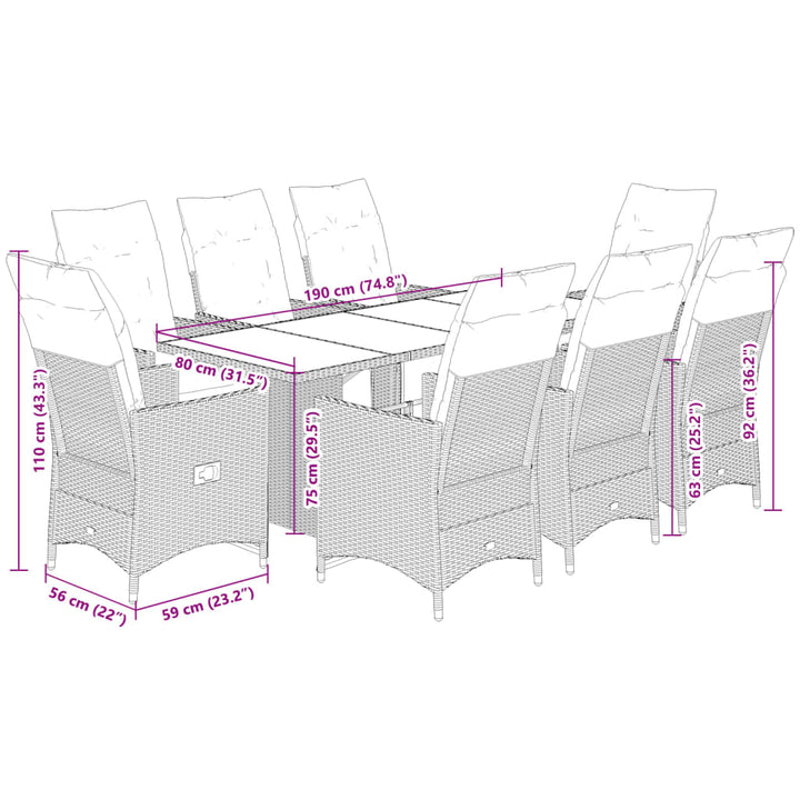 9-delige Bistroset met kussens poly rattan grijs