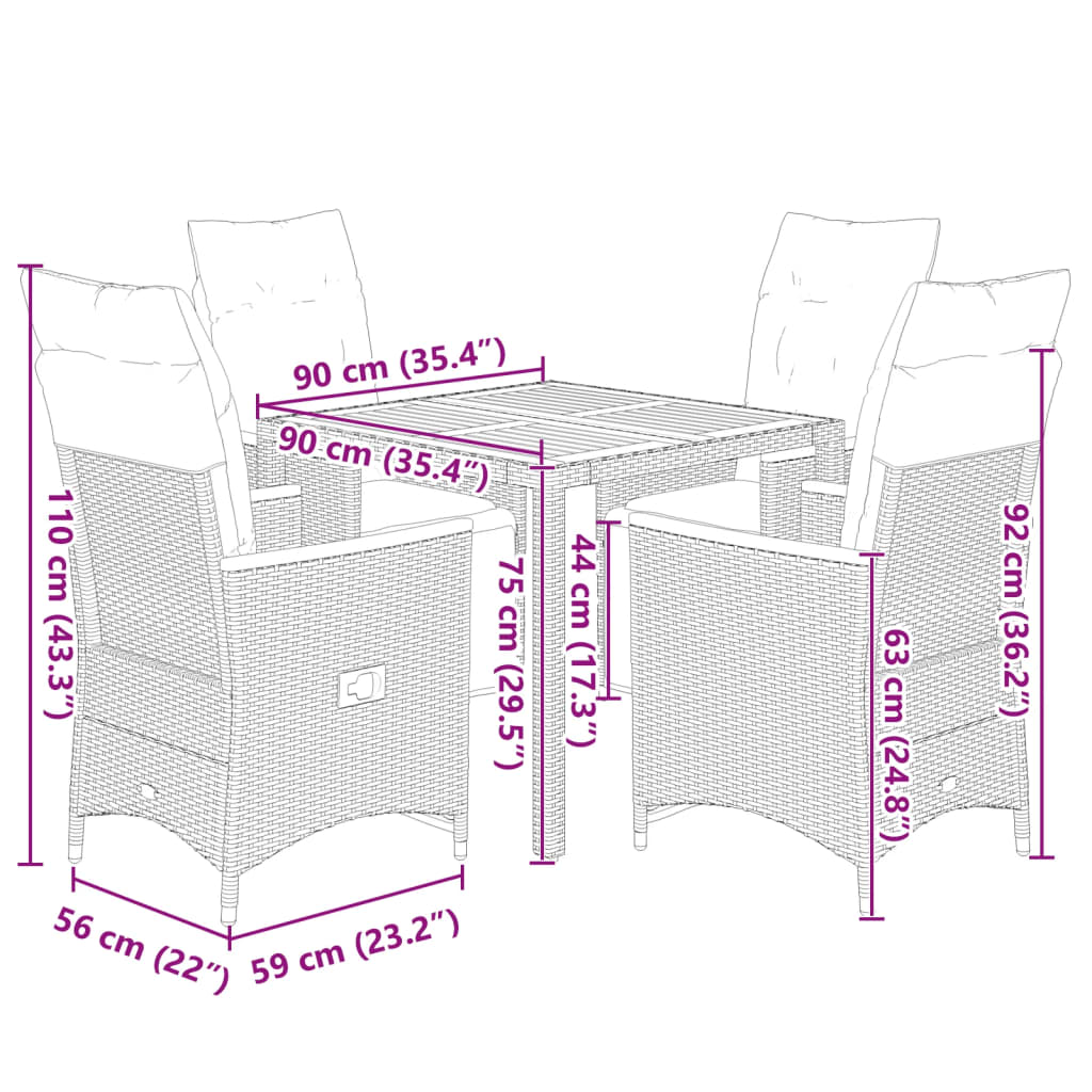 5-delige Bistroset met kussens poly rattan zwart