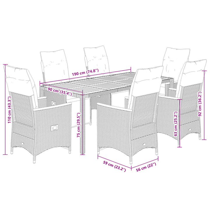 7-delige Bistroset met kussens poly rattan zwart