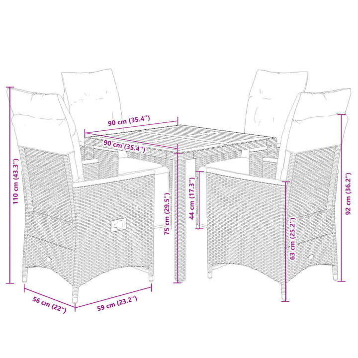 5-delige Bistroset met kussens poly rattan grijs