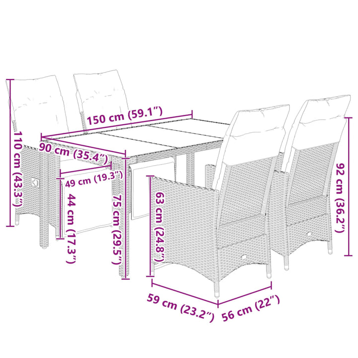 5-delige Bistroset met kussens poly rattan grijs