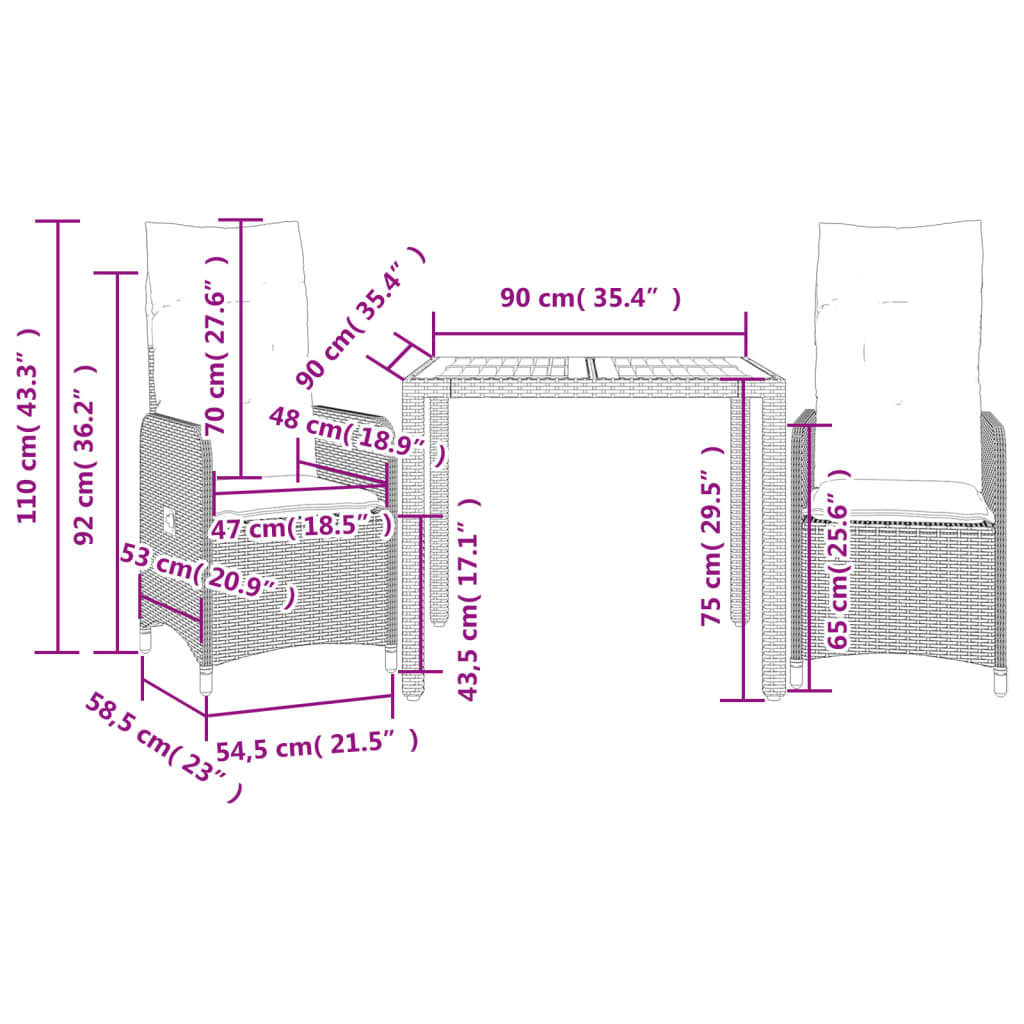 3-delige Bistroset met kussens poly rattan zwart