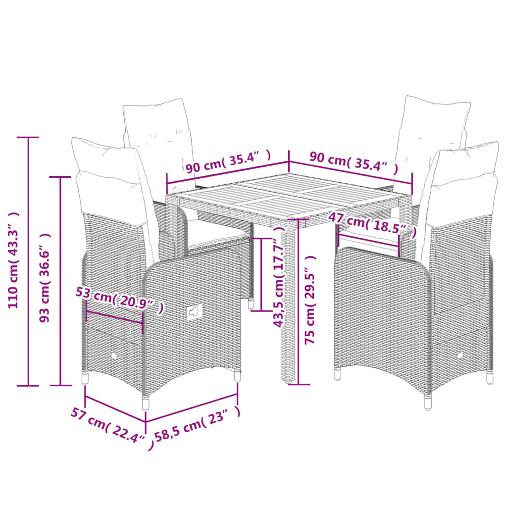 5-delige Bistroset met kussens poly rattan zwart