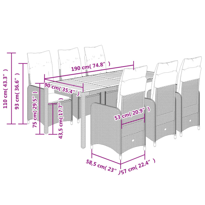 9-delige Bistroset met kussens poly rattan zwart