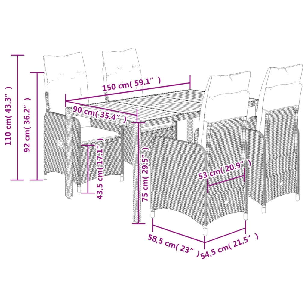 5-delige Bistroset met kussens poly rattan grijs