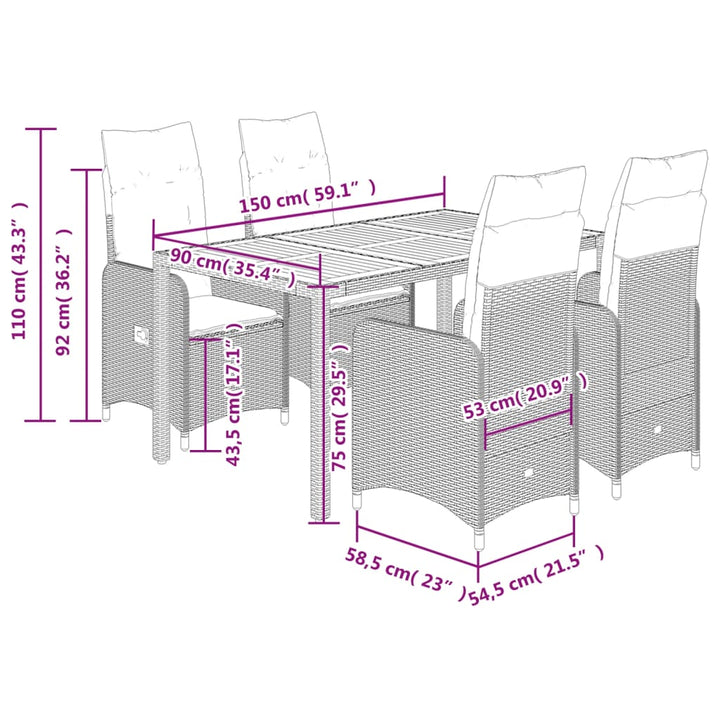 5-delige Bistroset met kussens poly rattan grijs