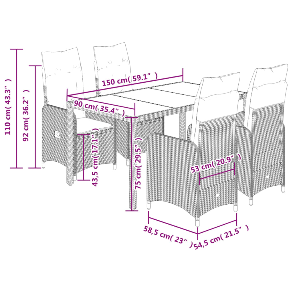 5-delige Bistroset met kussens poly rattan grijs