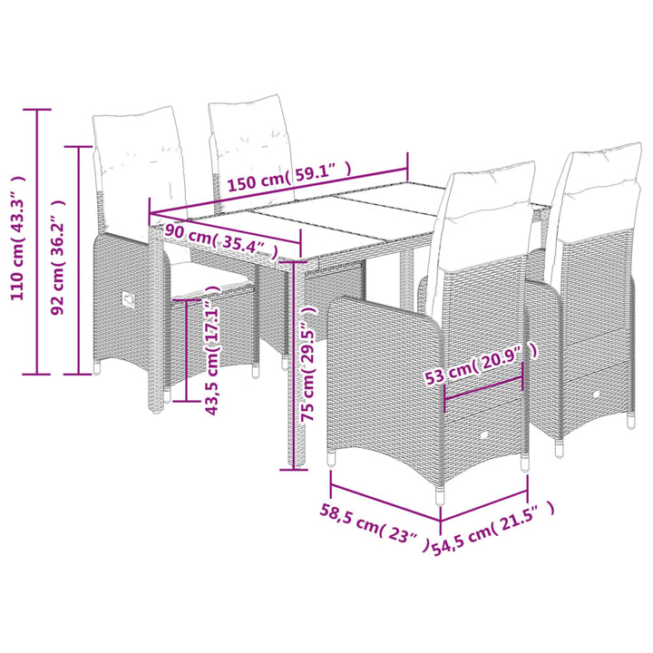 5-delige Bistroset met kussens poly rattan grijs