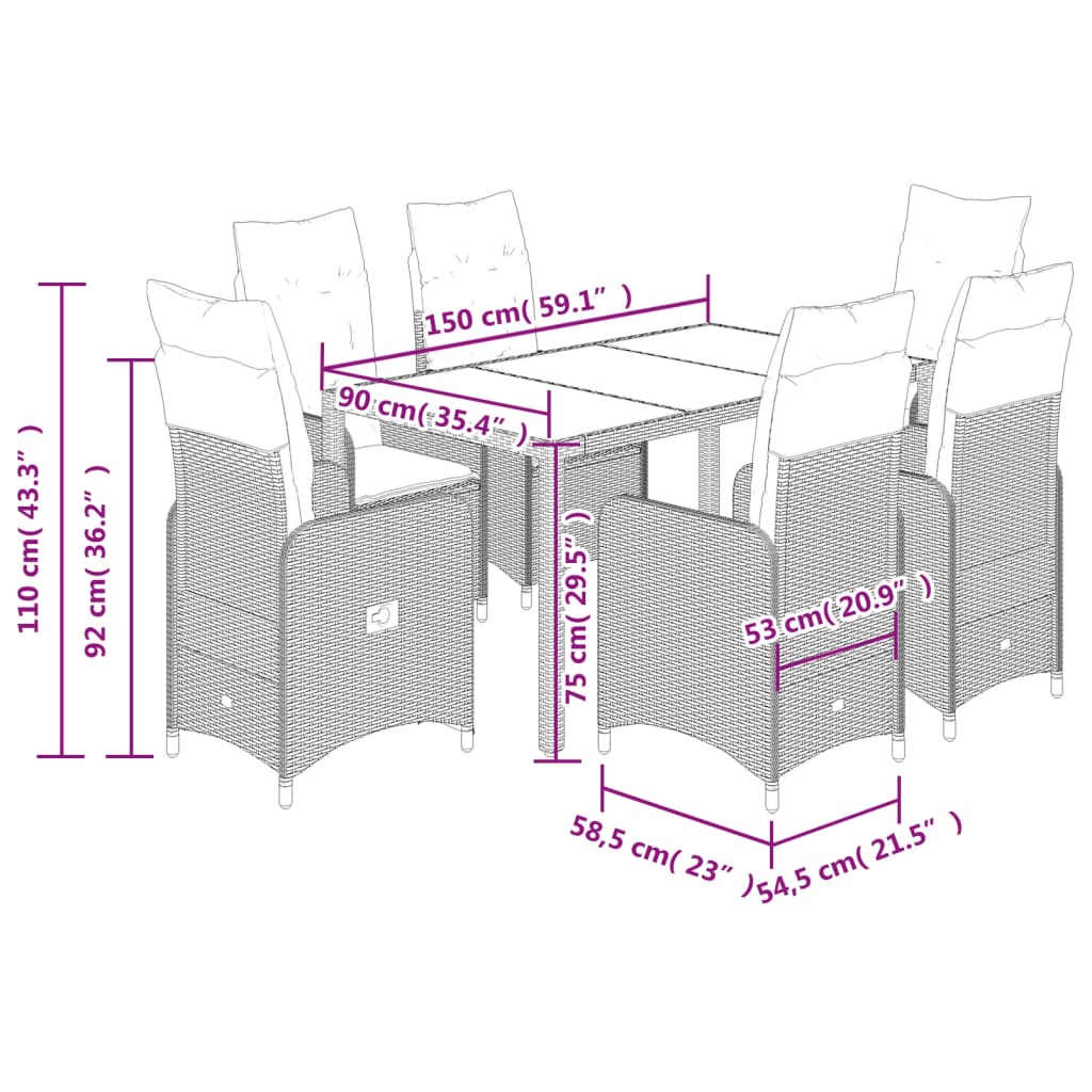 7-delige Bistroset met kussens poly rattan bruin