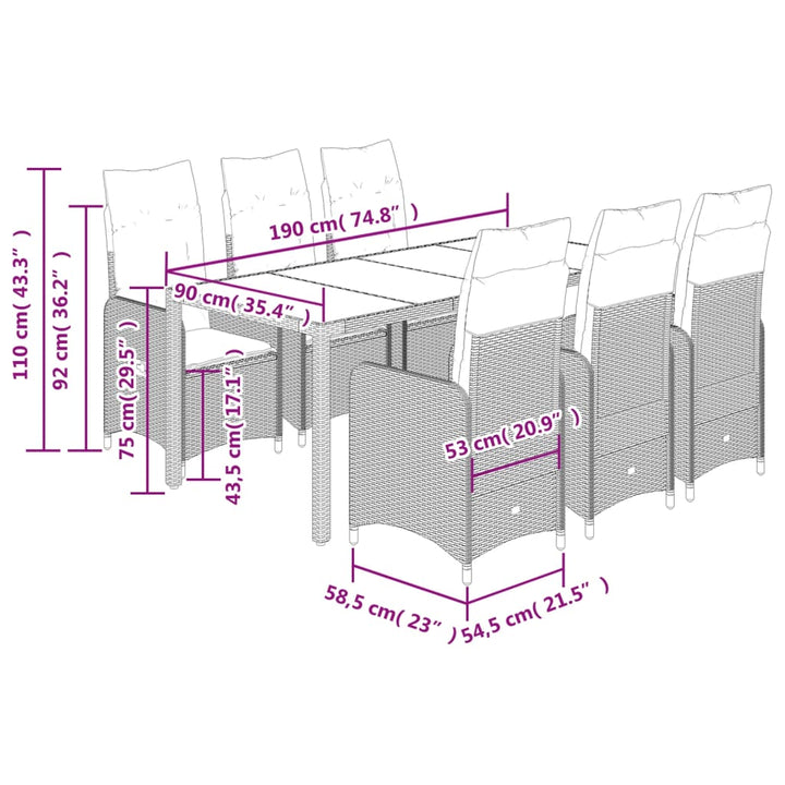 7-delige Bistroset met kussens poly rattan bruin