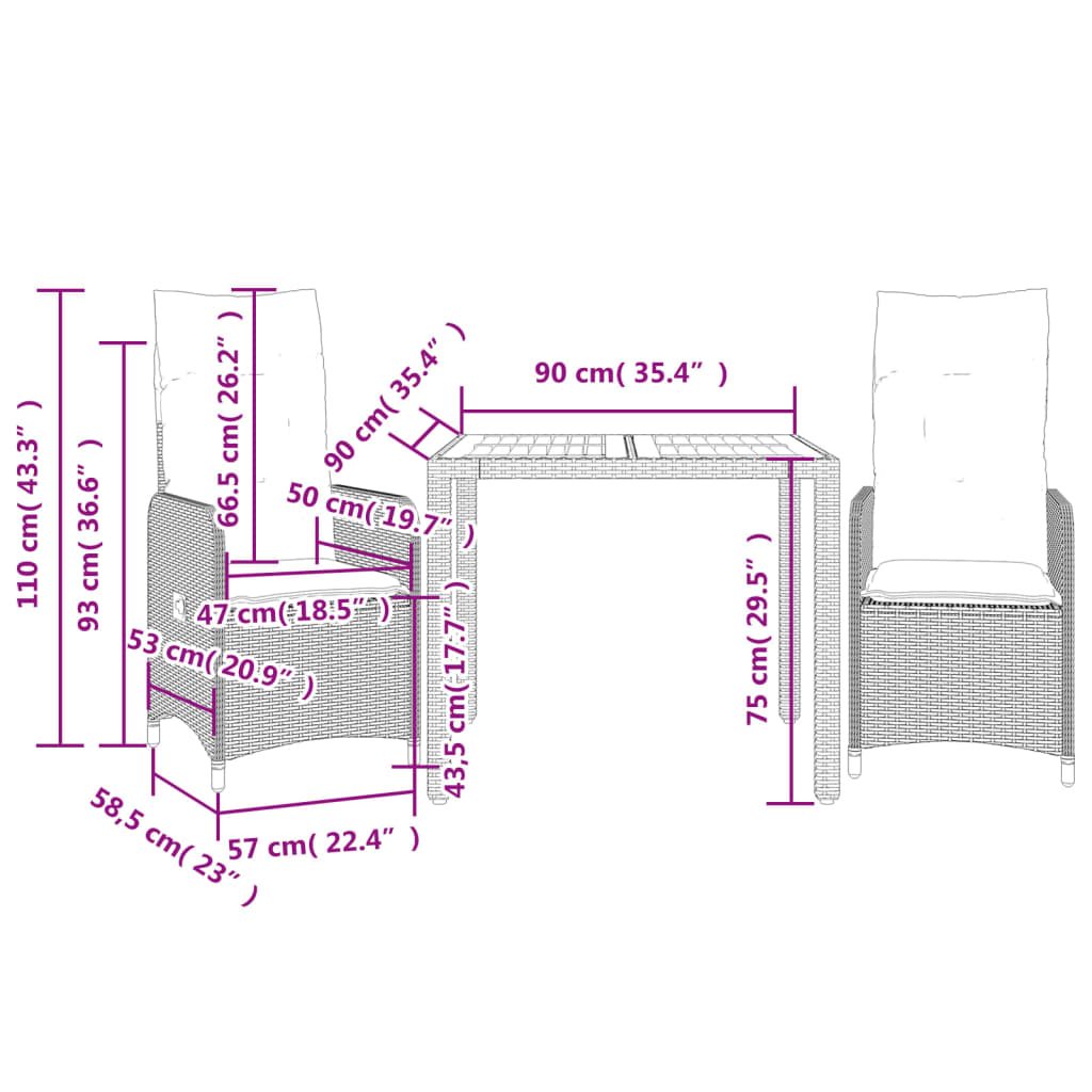 3-delige Bistroset met kussens poly rattan beige