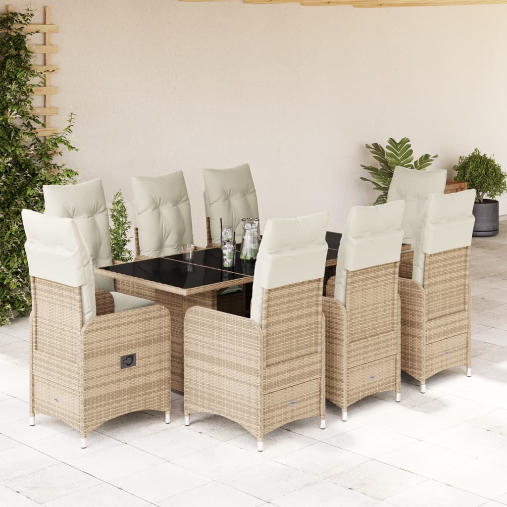 9-delige Bistroset met kussens poly rattan beige