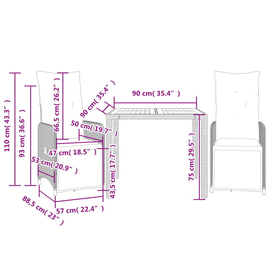 3-delige Bistroset met kussens poly rattan zwart