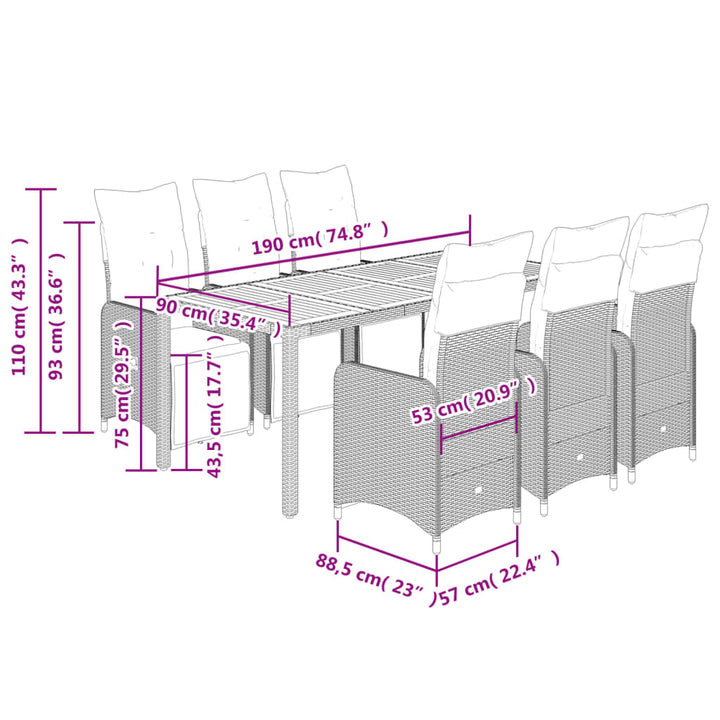 7-delige Bistroset met kussens poly rattan zwart