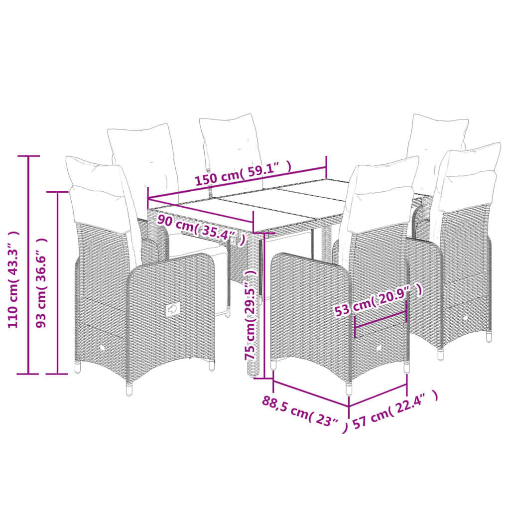 7-delige Bistroset met kussens poly rattan zwart