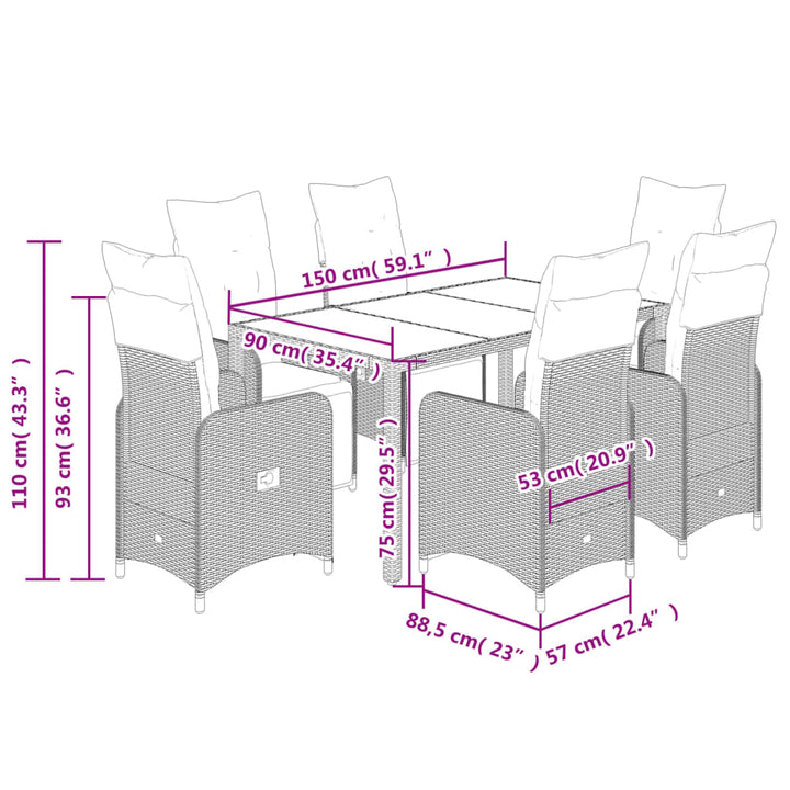 7-delige Bistroset met kussens poly rattan zwart