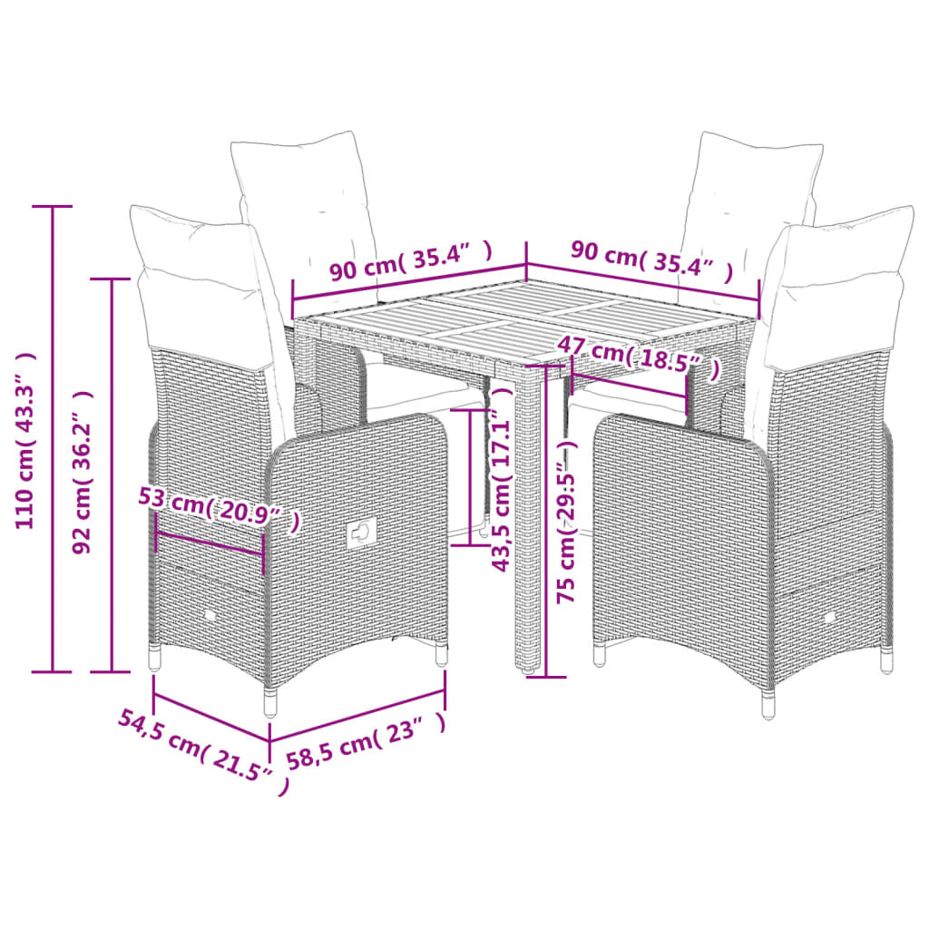 5-delige Bistroset met kussens poly rattan grijs