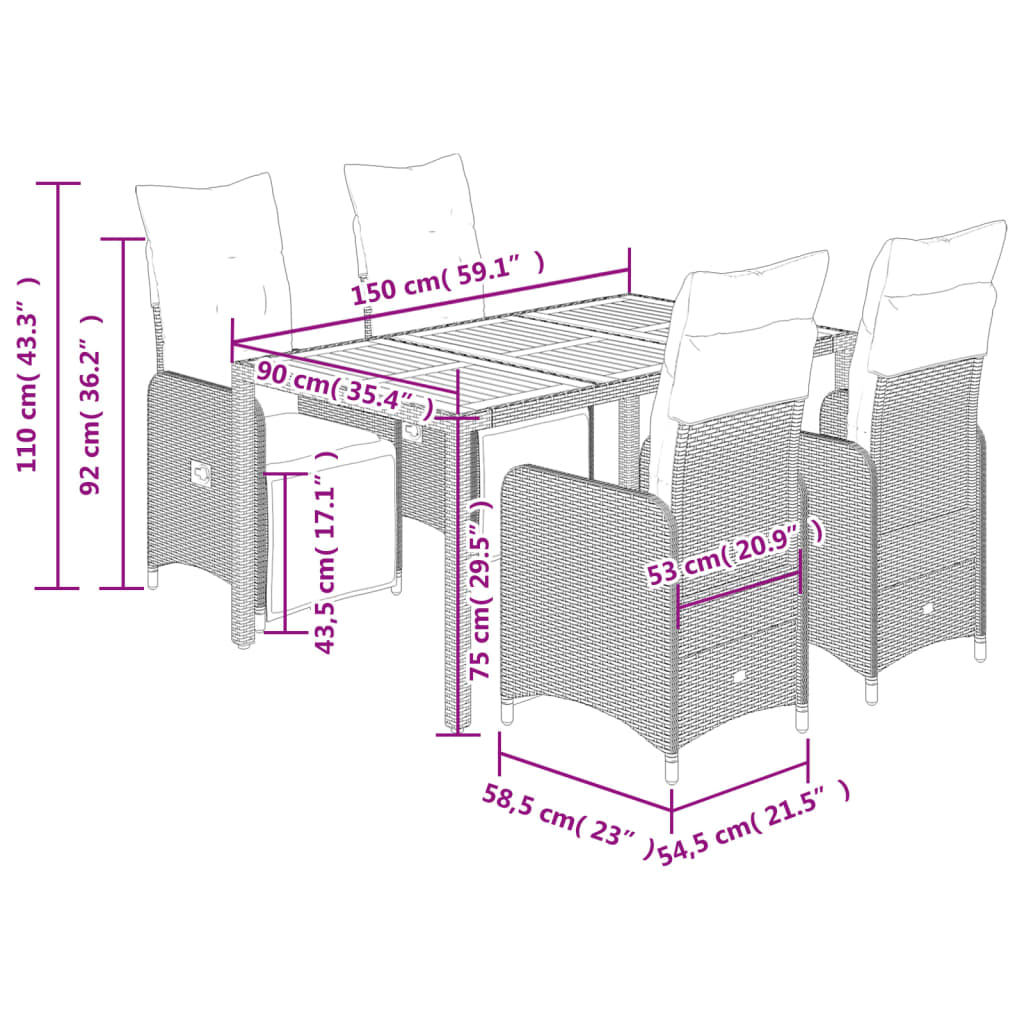 5-delige Bistroset met kussens poly rattan grijs