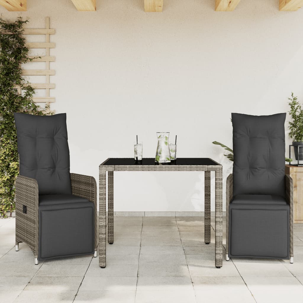 3-delige Bistroset met kussens poly rattan grijs