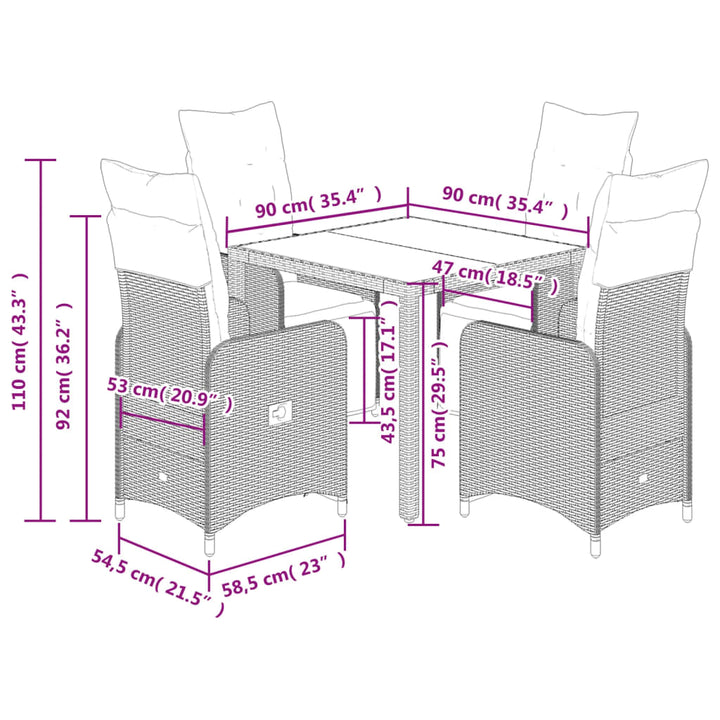 5-delige Bistroset met kussens poly rattan grijs