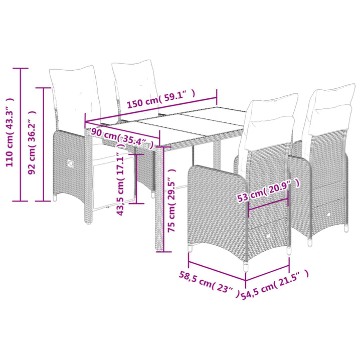 5-delige Bistroset met kussens poly rattan grijs