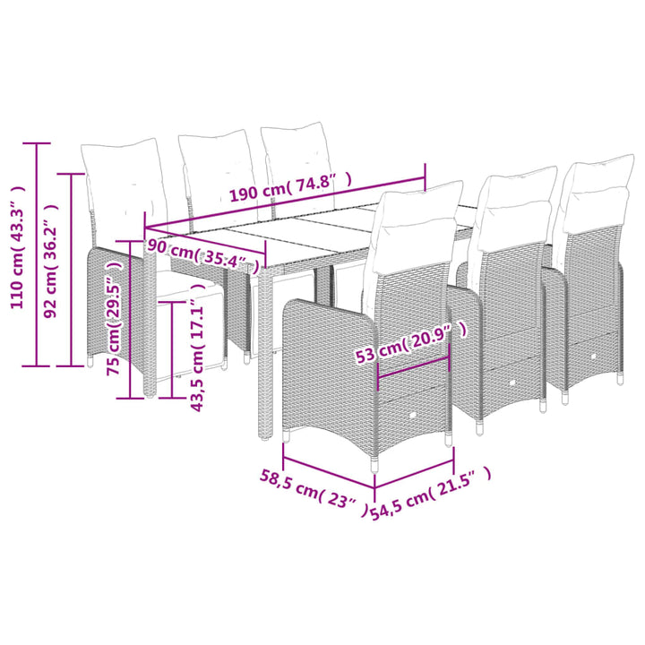 7-delige Bistroset met kussens poly rattan bruin