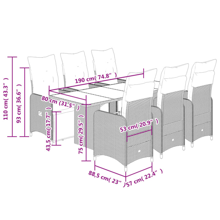 7-delige Bistroset met kussens poly rattan bruin