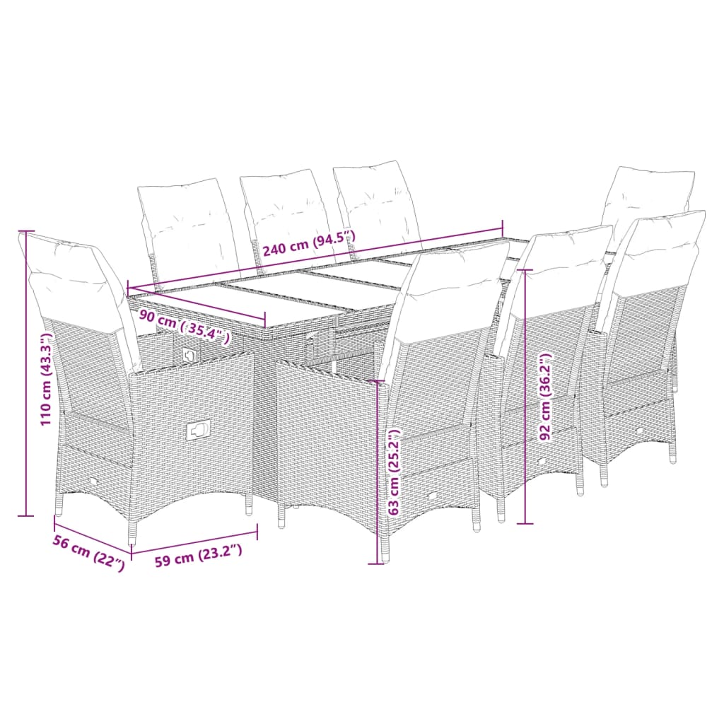 9-delige Bistroset met kussens poly rattan zwart