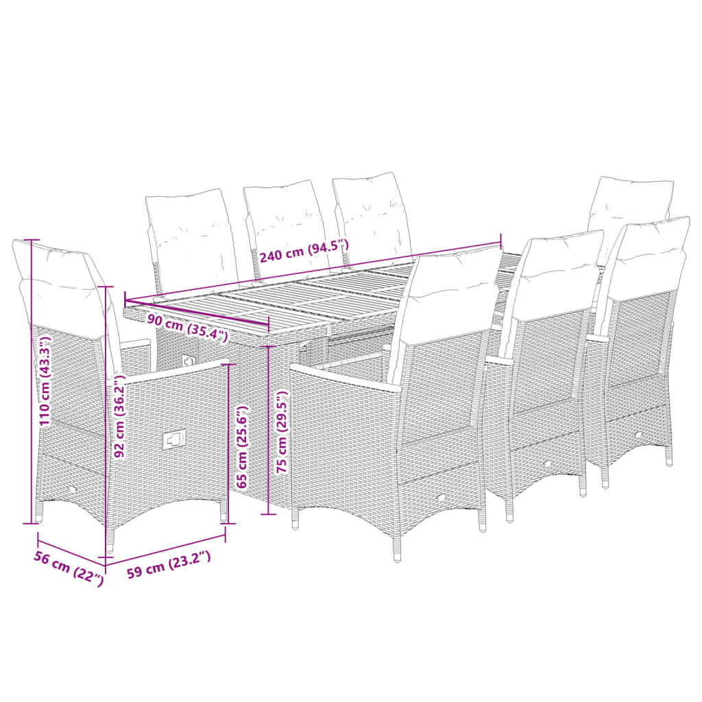 9-delige Tuinset met kussens poly rattan zwart