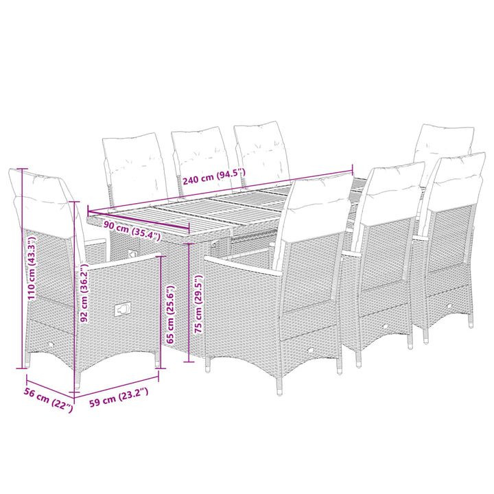 9-delige Tuinset met kussens poly rattan zwart