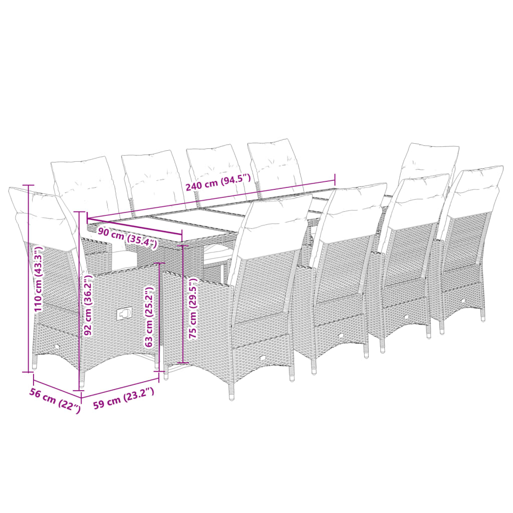 11-delige Bistroset met kussens poly rattan zwart