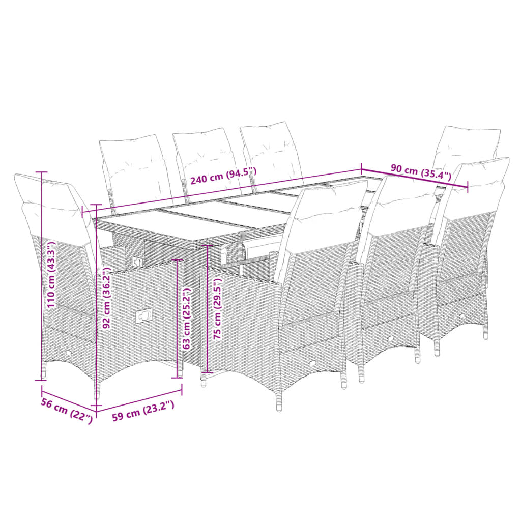 9-delige Bistroset met kussens poly rattan zwart