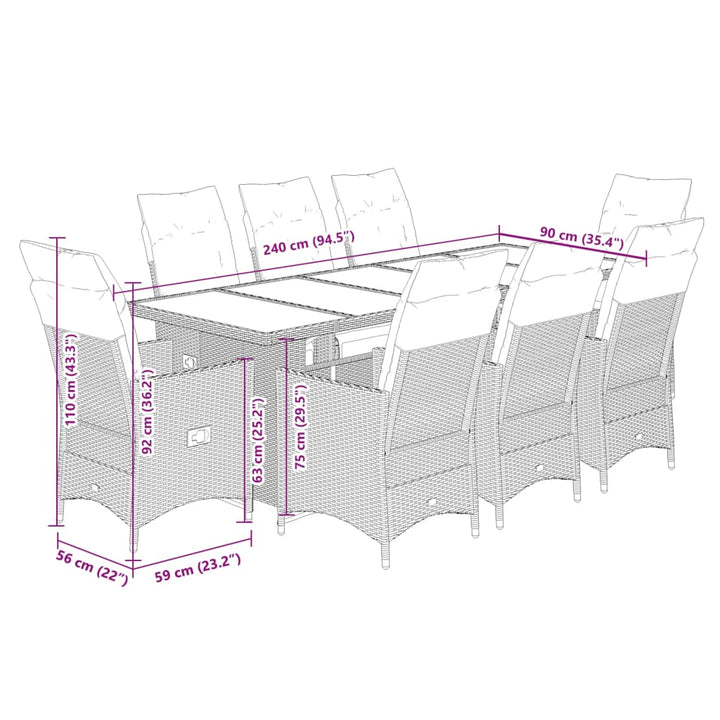 9-delige Bistroset met kussens poly rattan grijs