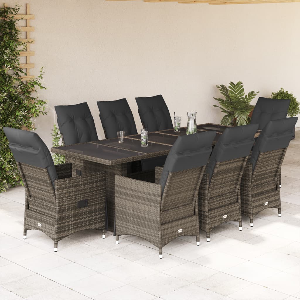 9-delige Bistroset met kussens poly rattan grijs