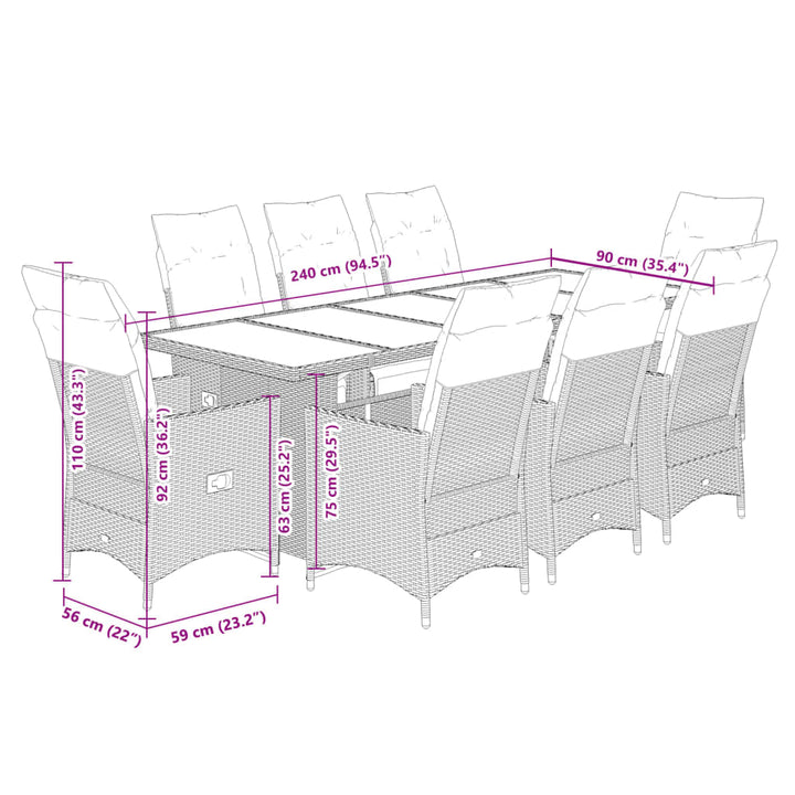 9-delige Bistroset met kussens poly rattan bruin