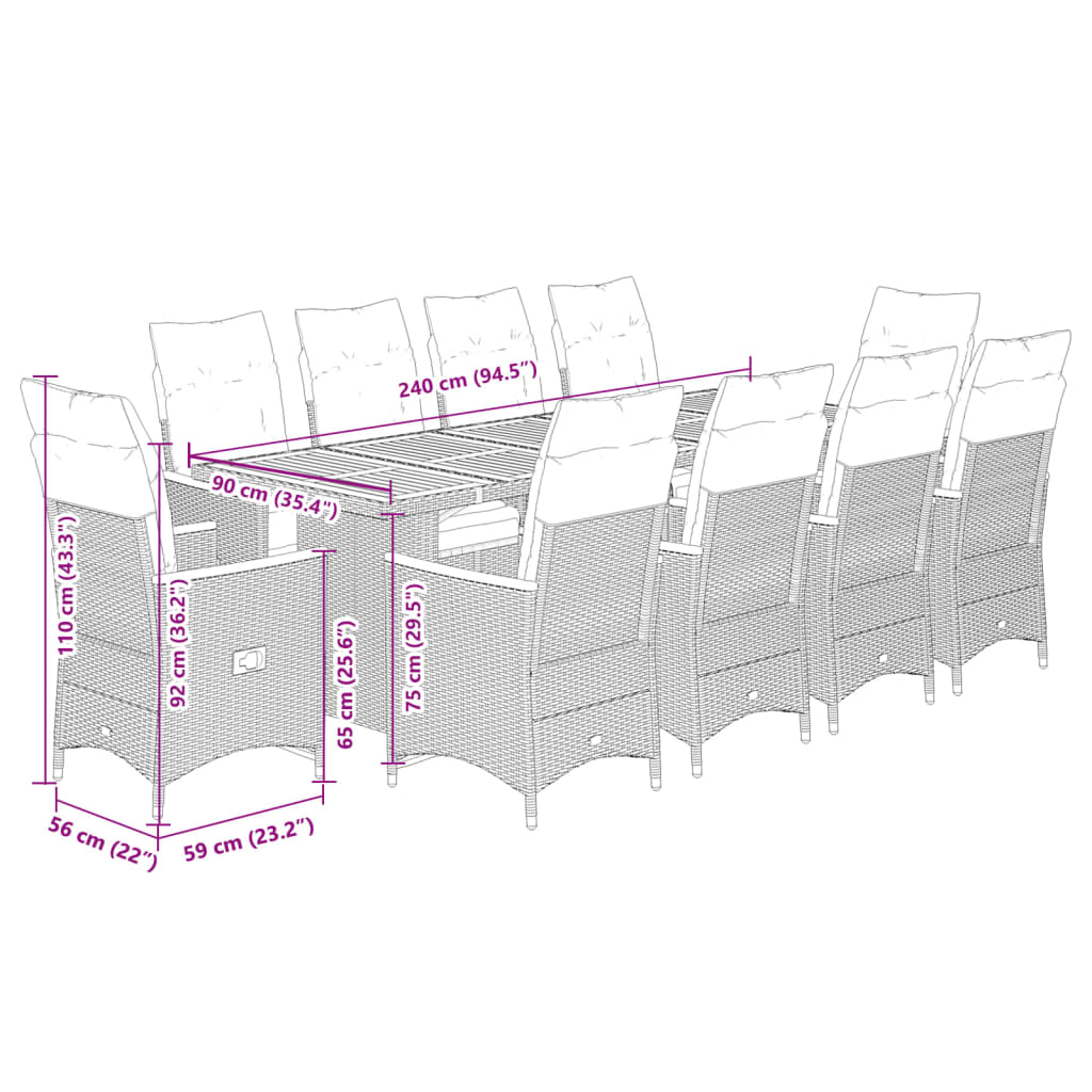 11-delige Bistroset met kussens poly rattan zwart