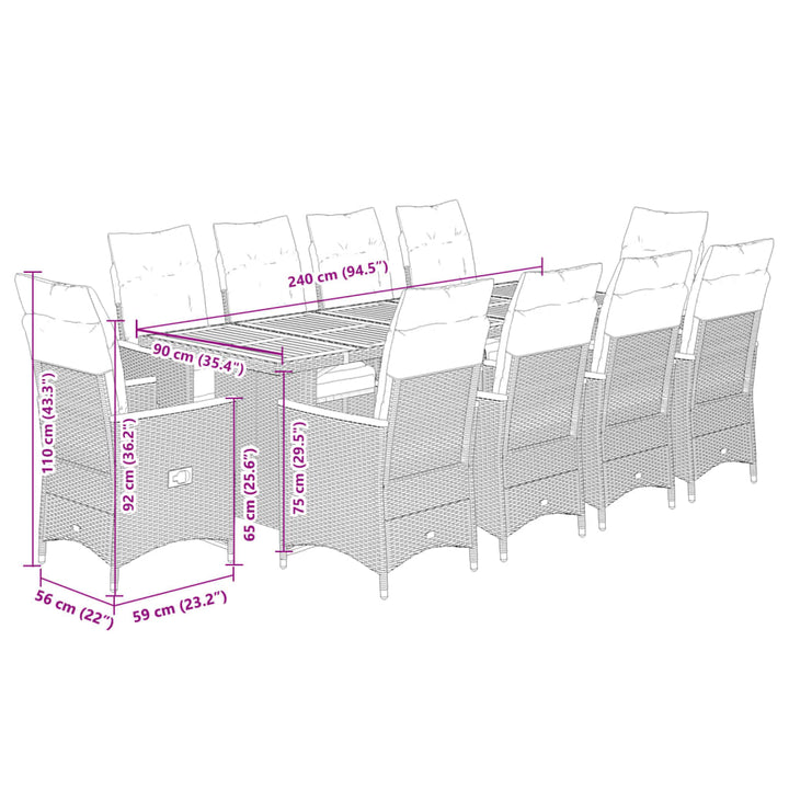 11-delige Bistroset met kussens poly rattan zwart