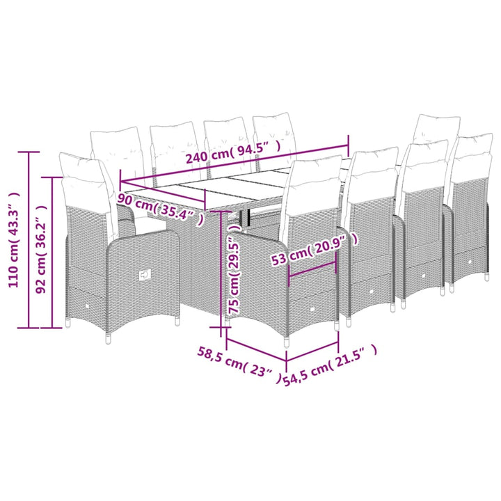 11-delige Bistroset met kussens poly rattan zwart