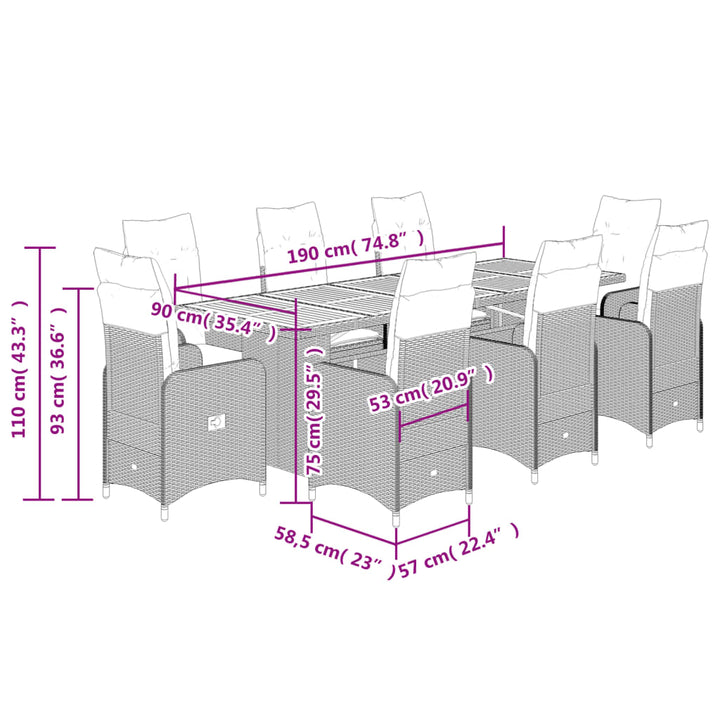 9-delige Bistroset met kussens poly rattan grijs