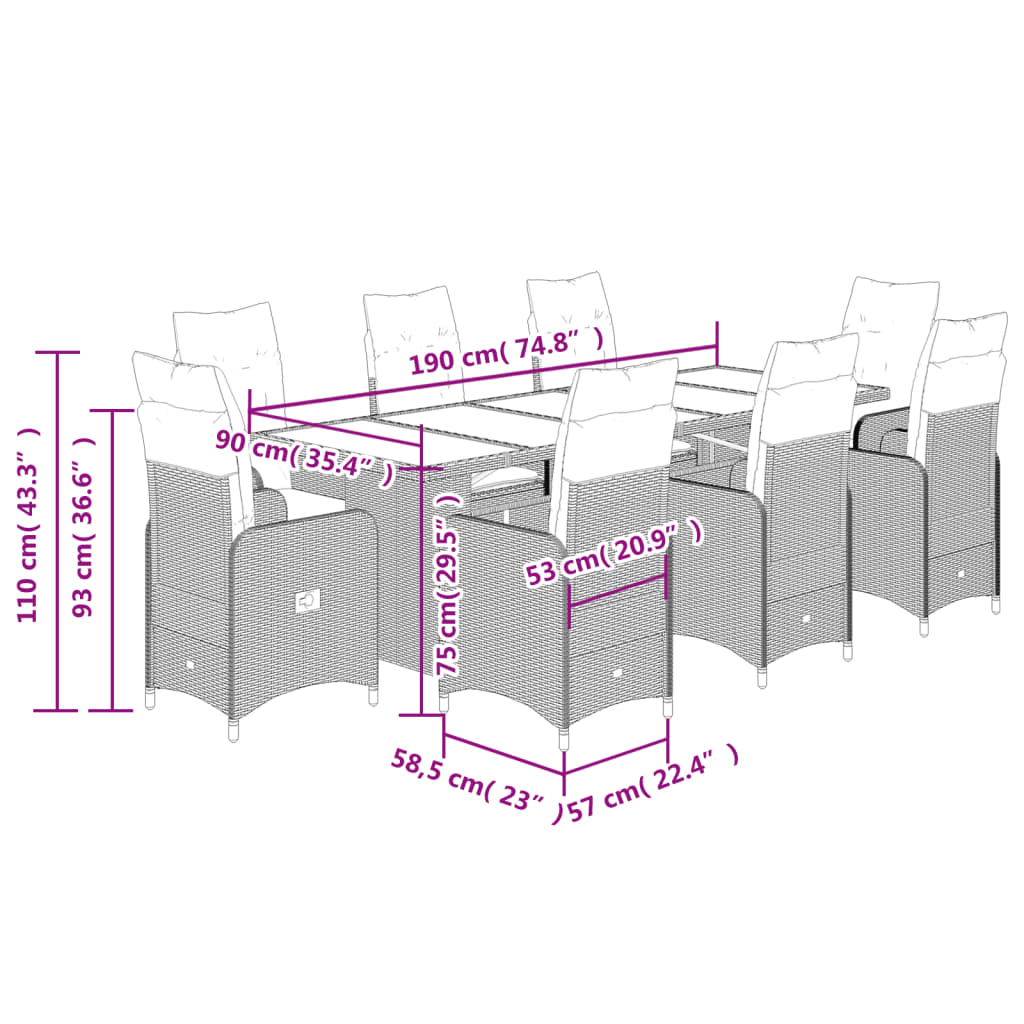 9-delige Bistroset met kussens poly rattan grijs