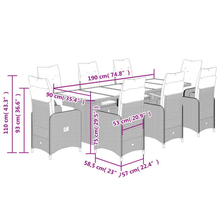 9-delige Bistroset met kussens poly rattan bruin