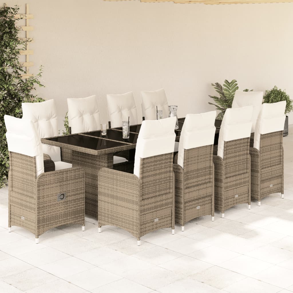 11-delige Bistroset met kussens poly rattan beige