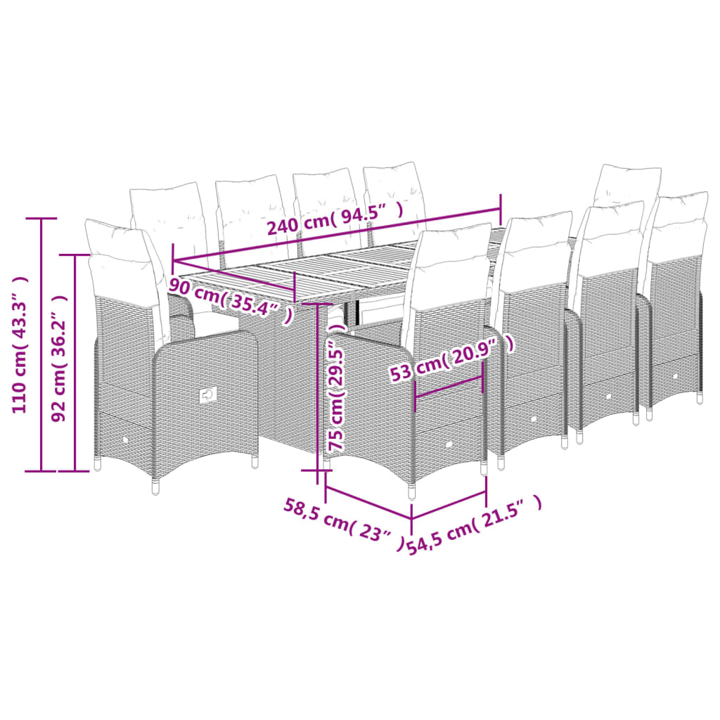 11-delige Bistroset met kussens poly rattan grijs