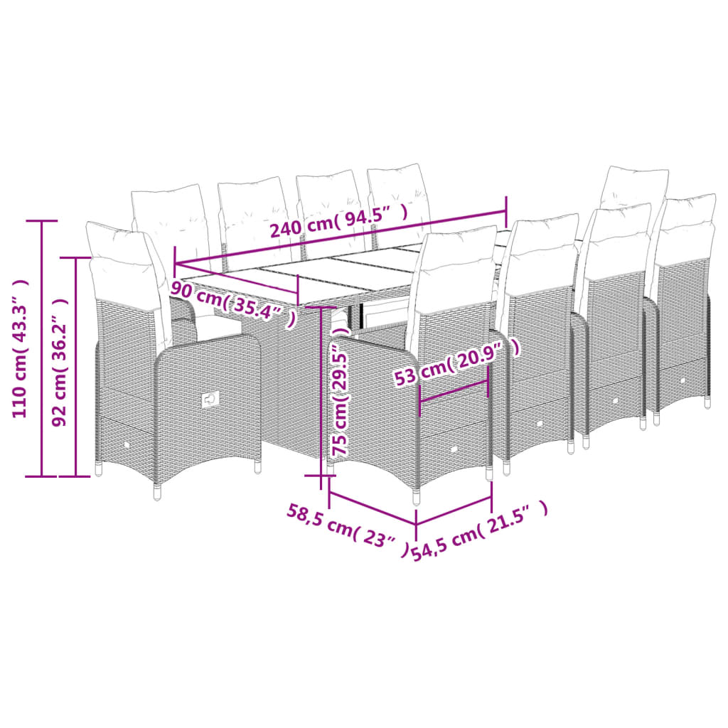 11-delige Bistroset met kussens poly rattan grijs