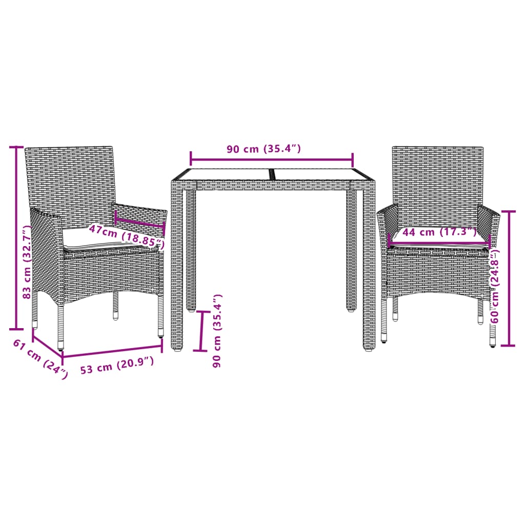 3-delige Tuinset met kussens poly rattan en glas zwart