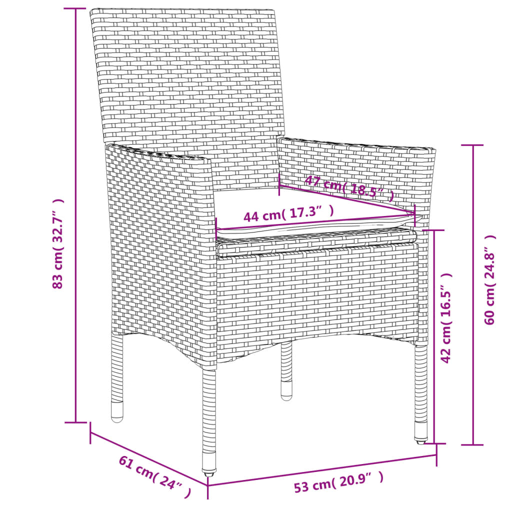 3-delige Tuinset met kussens poly rattan en glas zwart