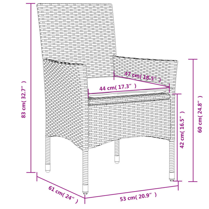 3-delige Tuinset met kussens poly rattan en glas zwart