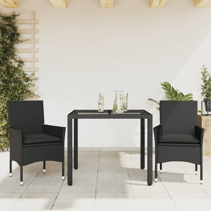 3-delige Tuinset met kussens poly rattan en glas zwart